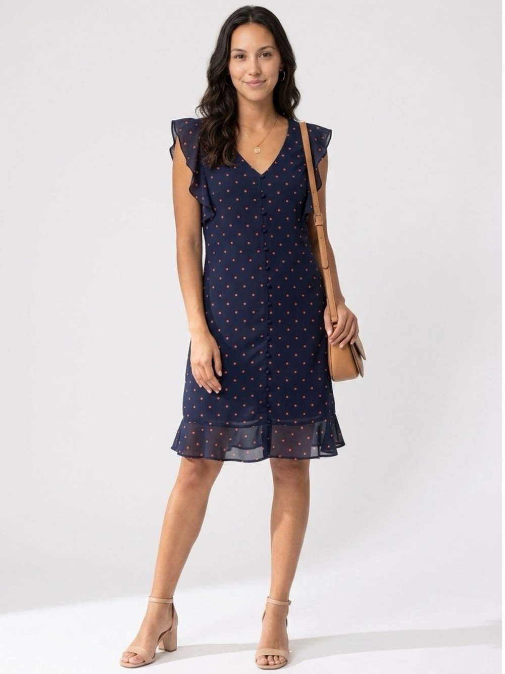 CeCe Navy Dress with Red Polka Dots and Ruffle Hem
